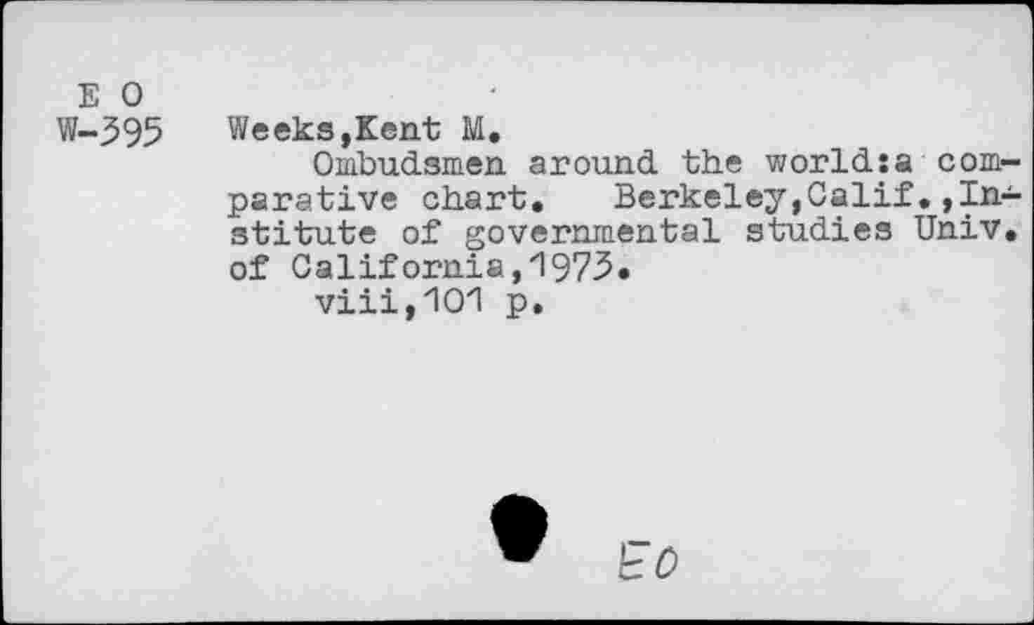 ﻿E 0
W-395 Weeks,Kent M,
Ombudsmen around the world:a comparative chart. Berkeley,Calif.»Institute of governmental studies Univ, of California,1973.
viii,1O1 p.